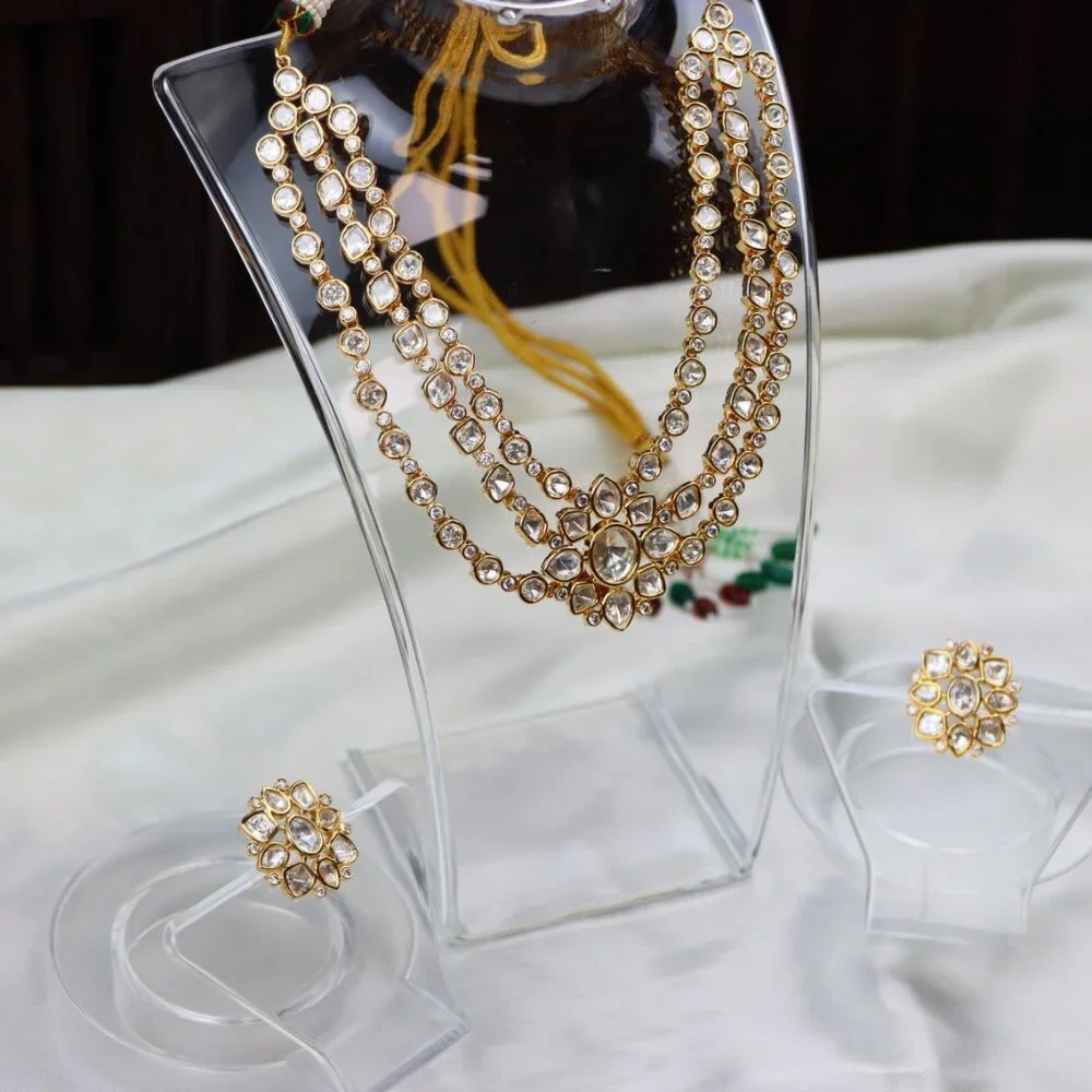 Regal Triple-Layer Kundan Necklace & Earrings Set, JP34